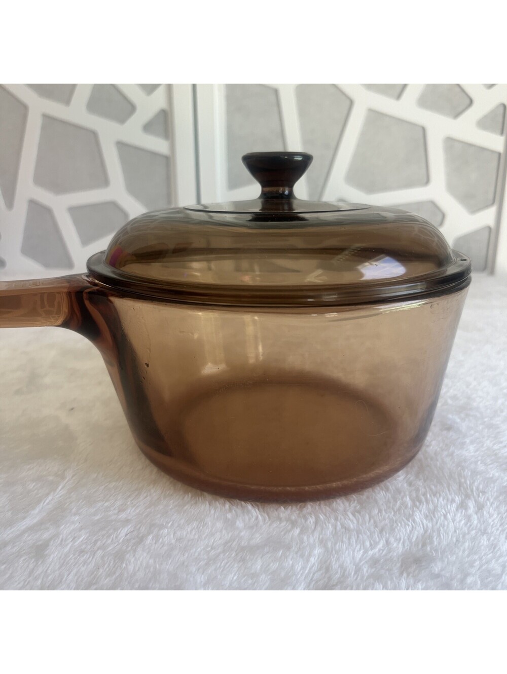 VINTAGE VISIONS CORNING Amber Glass 1.5L Saucepan With Lid 7 Inch. Great Quality